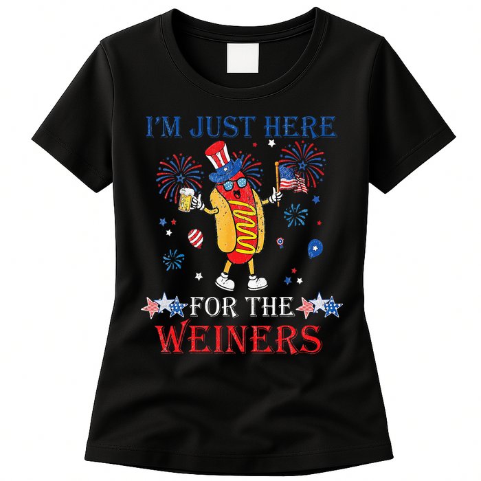 Funny Im Just Here For The Wieners 4Th Of July Womens T-Shirt