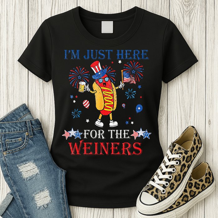 Funny Im Just Here For The Wieners 4Th Of July Womens T-Shirt
