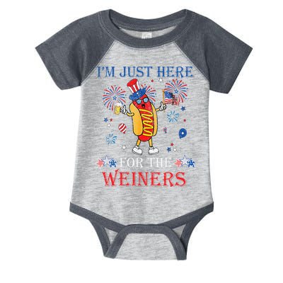 Funny Im Just Here For The Wieners 4Th Of July Infant Baby Jersey Bodysuit