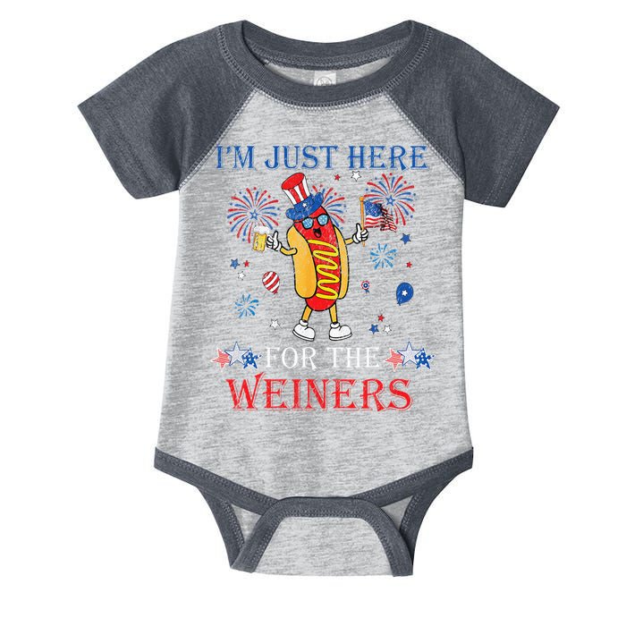 Funny Im Just Here For The Wieners 4Th Of July Infant Baby Jersey Bodysuit