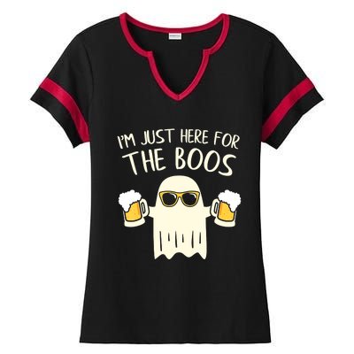 Funny Im Just Here For The Boos Shirt Gift Halloween Ghost Ladies Halftime Notch Neck Tee