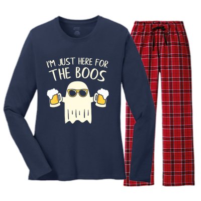 Funny Im Just Here For The Boos Shirt Gift Halloween Ghost Women's Long Sleeve Flannel Pajama Set 