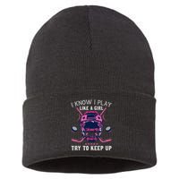 Funny I Know I Play Like A Girl Try To Keep Up Ice Hockey Sustainable Knit Beanie