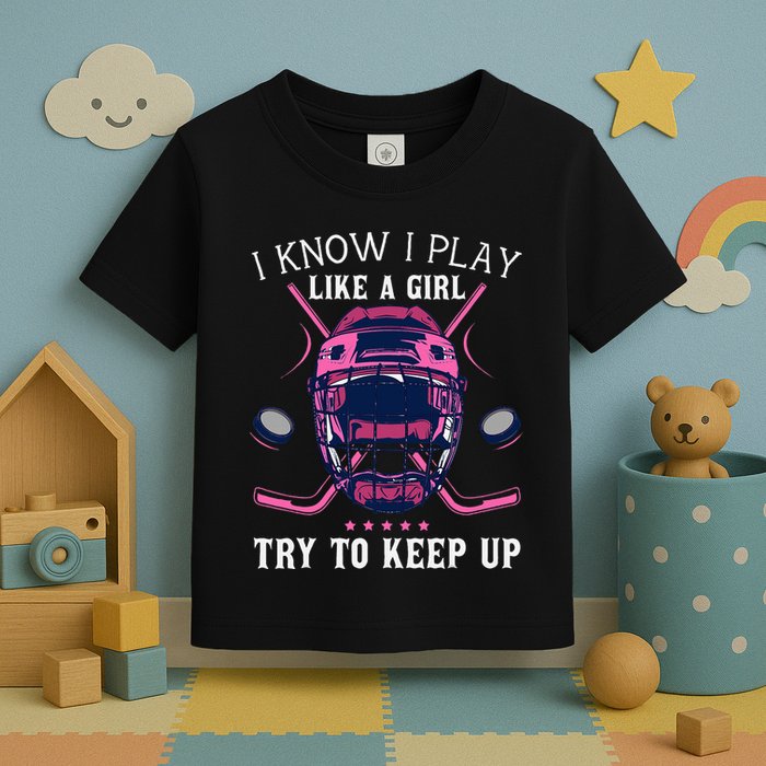 Funny I Know I Play Like A Girl Try To Keep Up Ice Hockey Toddler T-Shirt