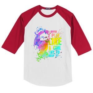 Funny I Know I Play Like A Girl Try To Keep Up Soccer Player Gift Kids Colorblock Raglan Jersey