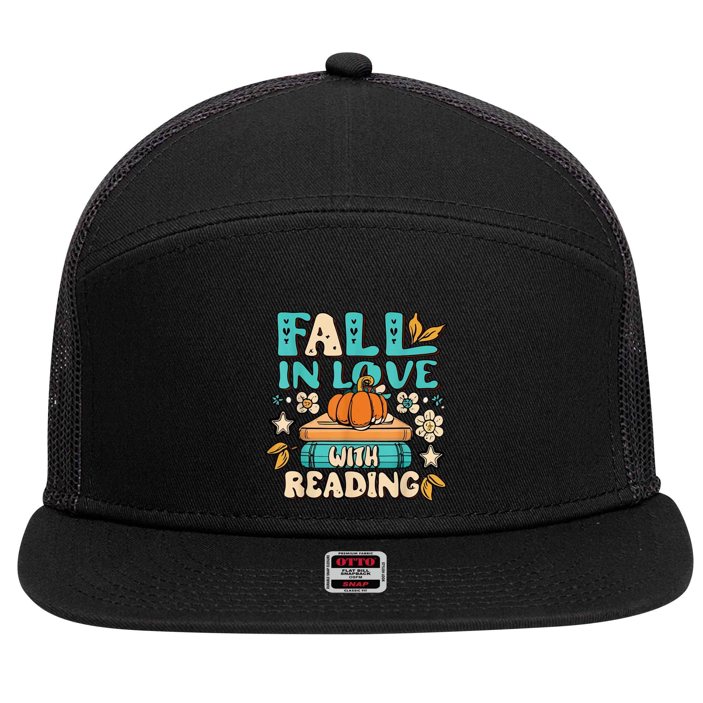 Fall In Love With Reading Book Autumn Pumpkins And Teachers 7 Panel Mesh Trucker Snapback Hat