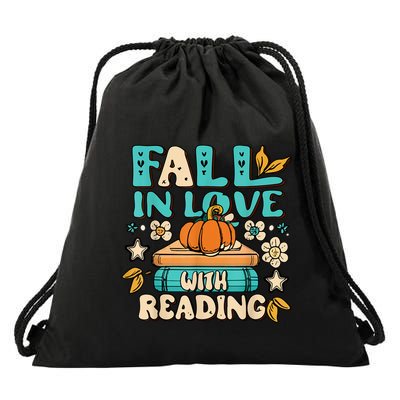 Fall In Love With Reading Book Autumn Pumpkins And Teachers Drawstring Bag