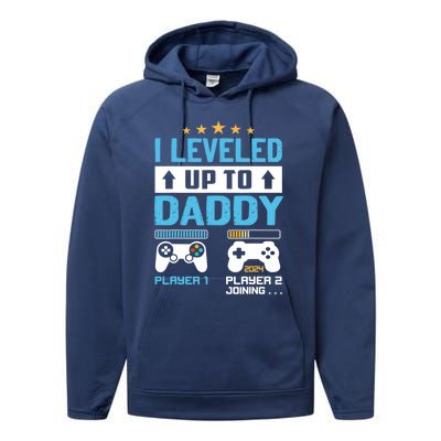 Funny I Leveled Up To Daddy 2024 Video Gamer Soon To Be Dad Gift Performance Fleece Hoodie