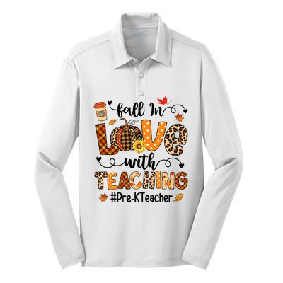 Fall In Love With Teaching Pre K Teacher Thanksgiving Silk Touch Performance Long Sleeve Polo