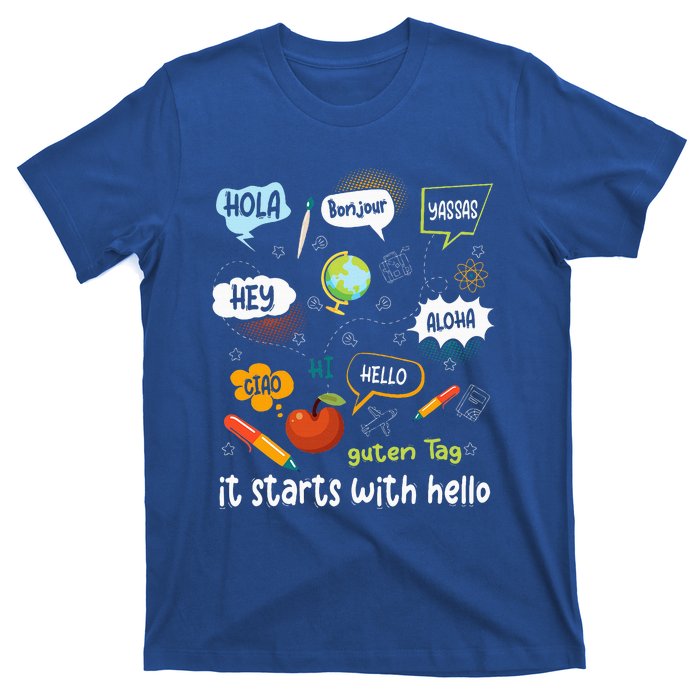 Friendship Inclusion Language Teacher It Starts With Hello T-Shirt