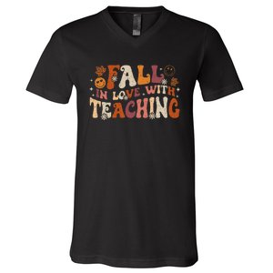 Fall In Love With Teaching Autum Thanksgiving Fall Teacher V-Neck T-Shirt