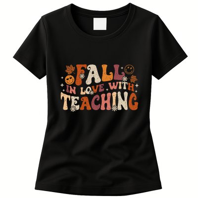 Fall In Love With Teaching Autum Thanksgiving Fall Teacher Womens T-Shirt