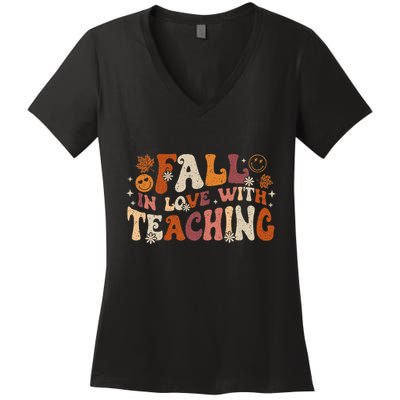 Fall In Love With Teaching Autum Thanksgiving Fall Teacher Women's V-Neck T-Shirt