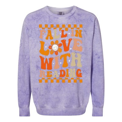 Fall In Love With Reading Books Groovy Thanksgiving Teacher Colorblast Crewneck Sweatshirt