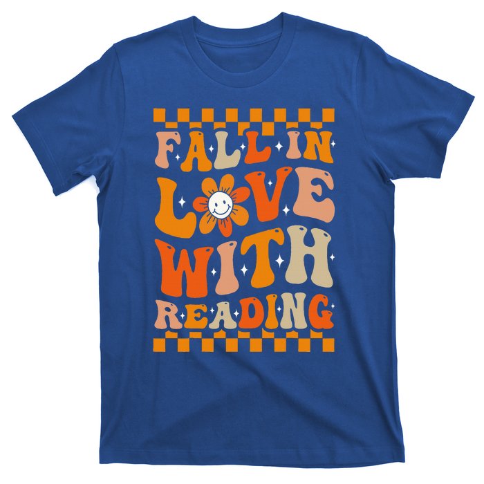 Fall In Love With Reading Books Groovy Thanksgiving Teacher T-Shirt