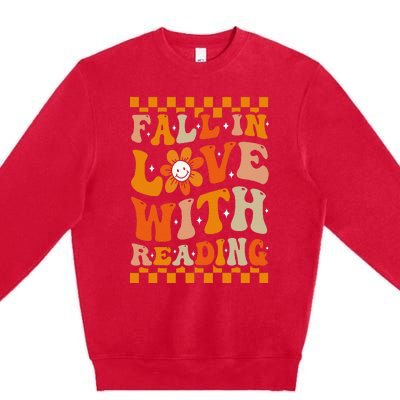 Fall In Love With Reading Books Groovy Thanksgiving Teacher Premium Crewneck Sweatshirt