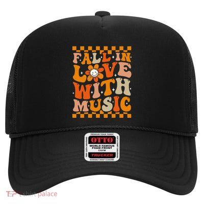 Fall In Love With Music Groovy Thanksgiving Music Teacher High Crown Mesh Back Trucker Hat