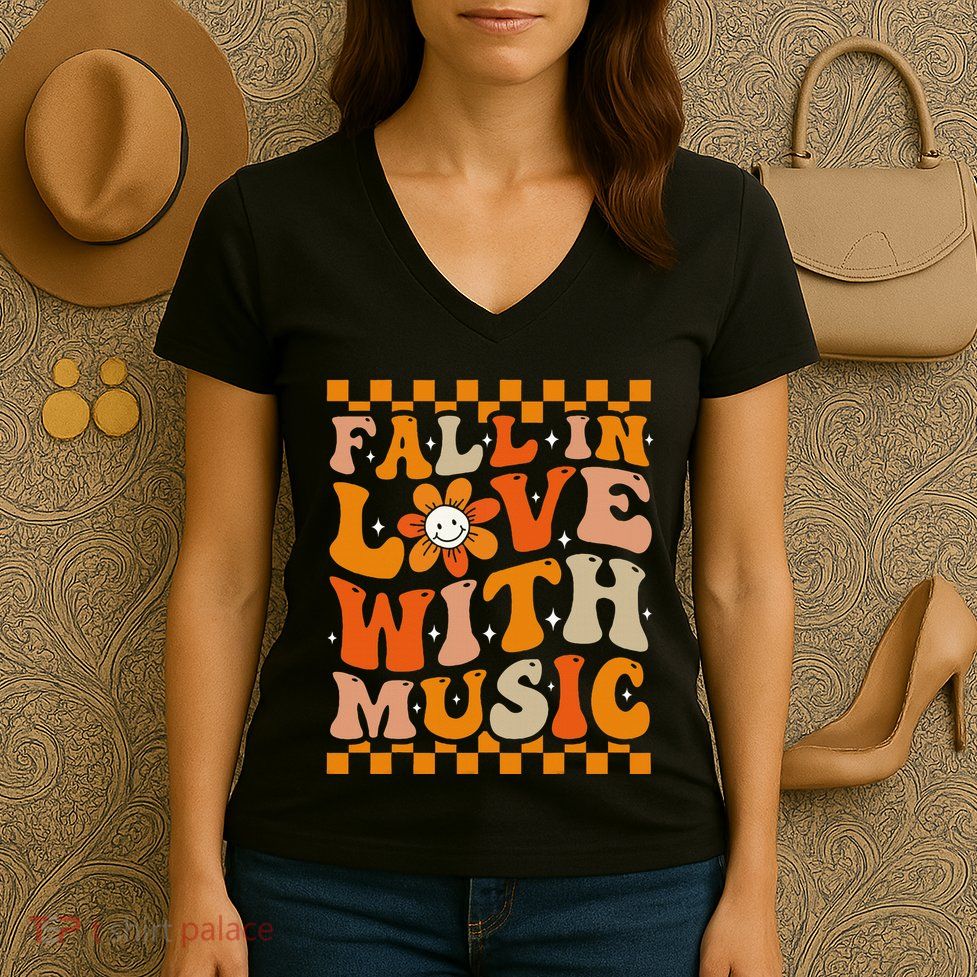 Fall In Love With Music Groovy Thanksgiving Music Teacher Women's V-Neck T-Shirt