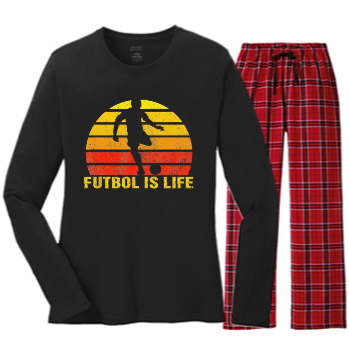 Futbol Is Life Vintage Soccer Player Sports Futbol Women's Long Sleeve Flannel Pajama Set 