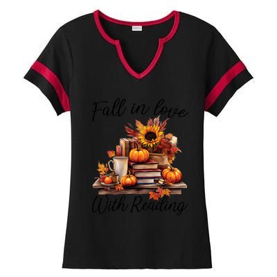 Fall In Love With Reading Book Autumn Teachers Pumpkins Ladies Halftime Notch Neck Tee