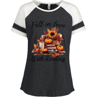 Fall In Love With Reading Book Autumn Teachers Pumpkins Enza Ladies Jersey Colorblock Tee