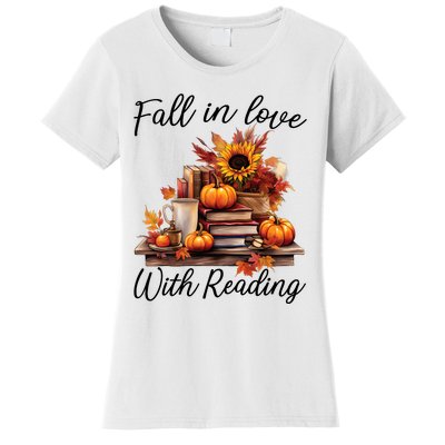 Fall In Love With Reading Book Autumn Teachers Pumpkins Women's T-Shirt