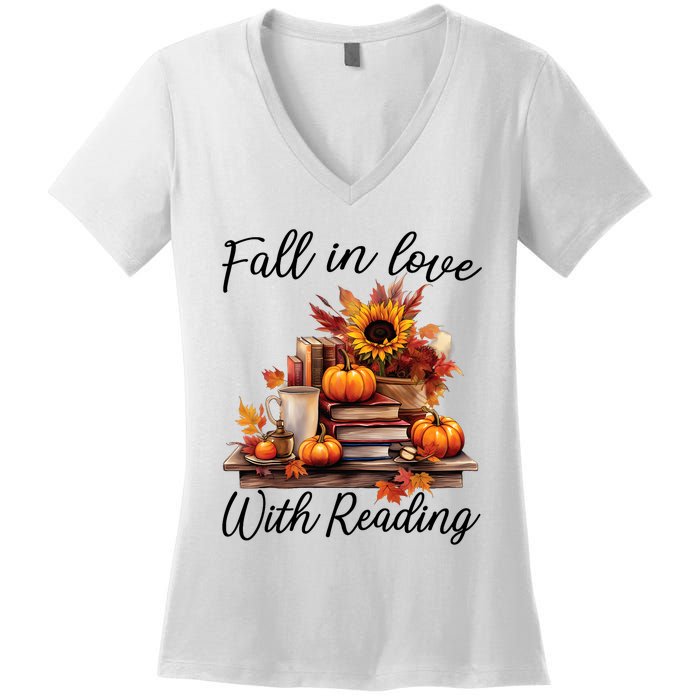 Fall In Love With Reading Book Autumn Teachers Pumpkins Women's V-Neck T-Shirt