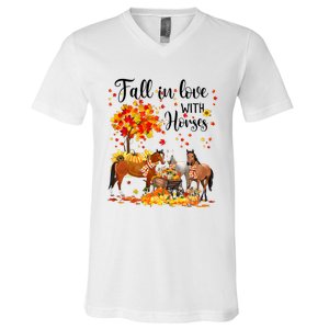 Fall In Love With Horses Autumn Fall Love Horse Thanksgiving V-Neck T-Shirt