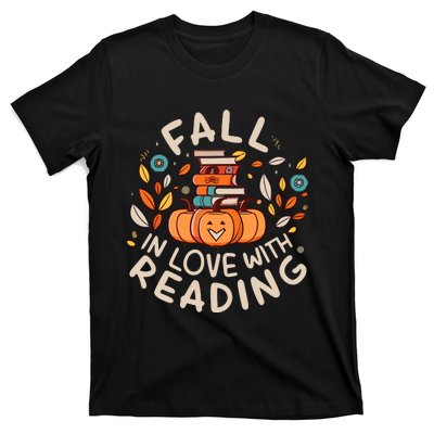 Fall In Love With Reading Book Autumn Pumpkins And Teachers T-Shirt