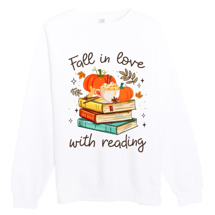 Fall In Love With Reading Book Autumn Pumpkins And Teachers Premium Crewneck Sweatshirt