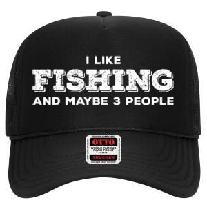 Funny I Like Hunting Fishing Maybe 3 People Distressed Retro High Crown Mesh Back Trucker Hat