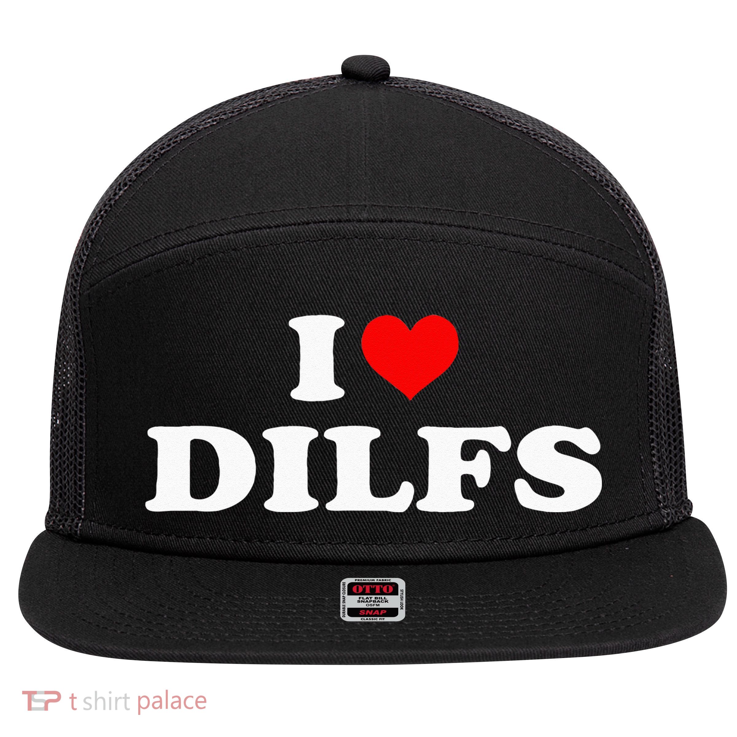Funny I Love DILFs I Heart DILFs Red Heart Cool 7 Panel Mesh Trucker Snapback Hat