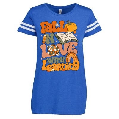 Fall In Love With Learning Autum Thanksgiving Teacher Enza Ladies Jersey Football T-Shirt