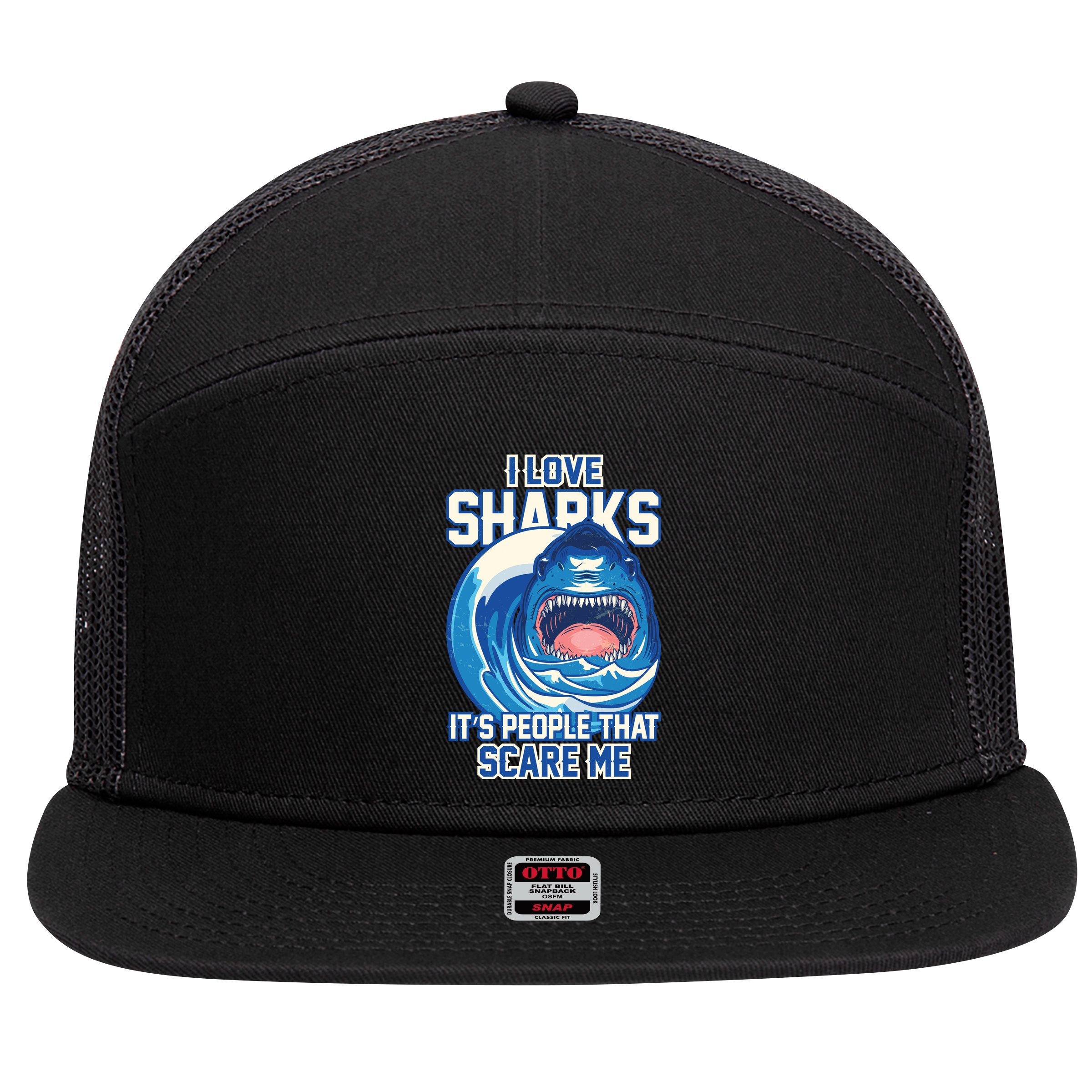 Funny I Love Sharks It's People That Scare Me 7 Panel Mesh Trucker Snapback Hat