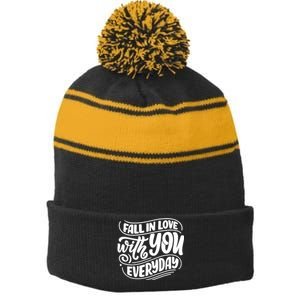 Fall In Love With You Everyday Cute Gift Stripe Pom Pom Beanie