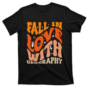 Fall In Love With Geography Groovy Thanksgiving Teacher T-Shirt