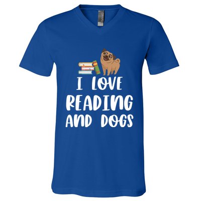 Funny I Love Reading And Dogs Cute Pug Bookworm Book Lover Gift V-Neck T-Shirt