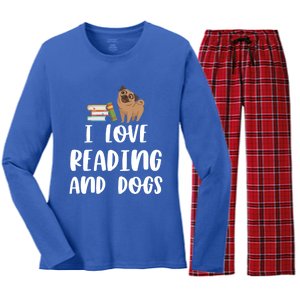 Funny I Love Reading And Dogs Cute Pug Bookworm Book Lover Gift Women's Long Sleeve Flannel Pajama Set 