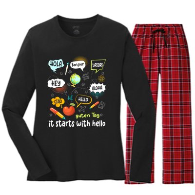 Friendship Inclusion Language Teacher It Starts With Hello Women's Long Sleeve Flannel Pajama Set 