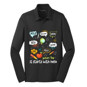 Friendship Inclusion Language Teacher It Starts With Hello Silk Touch Performance Long Sleeve Polo