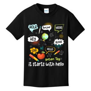 Friendship Inclusion Language Teacher It Starts With Hello Kids T-Shirt