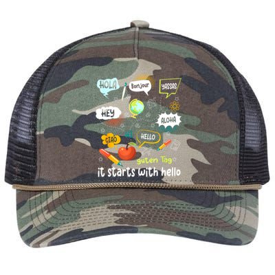 Friendship Inclusion Language Teacher It Starts With Hello Retro Rope Trucker Hat Cap