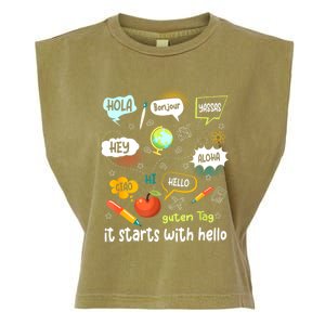 Friendship Inclusion Language Teacher It Starts With Hello Garment-Dyed Women's Muscle Tee