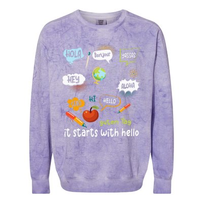 Friendship Inclusion Language Teacher It Starts With Hello Colorblast Crewneck Sweatshirt