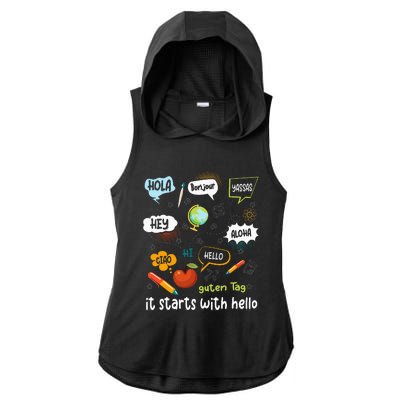 Friendship Inclusion Language Teacher It Starts With Hello Ladies PosiCharge Tri-Blend Wicking Draft Hoodie Tank