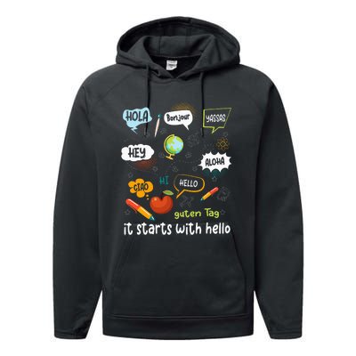 Friendship Inclusion Language Teacher It Starts With Hello Performance Fleece Hoodie