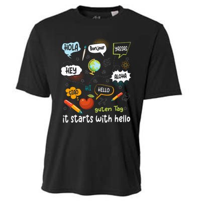 Friendship Inclusion Language Teacher It Starts With Hello Cooling Performance Crew T-Shirt