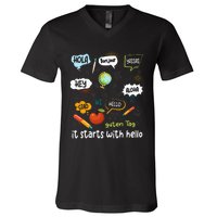 Friendship Inclusion Language Teacher It Starts With Hello V-Neck T-Shirt