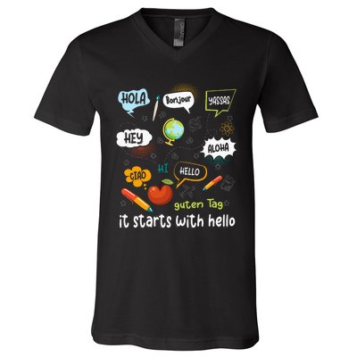 Friendship Inclusion Language Teacher It Starts With Hello V-Neck T-Shirt