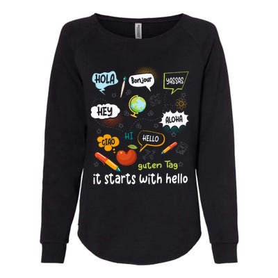 Friendship Inclusion Language Teacher It Starts With Hello Womens California Wash Sweatshirt